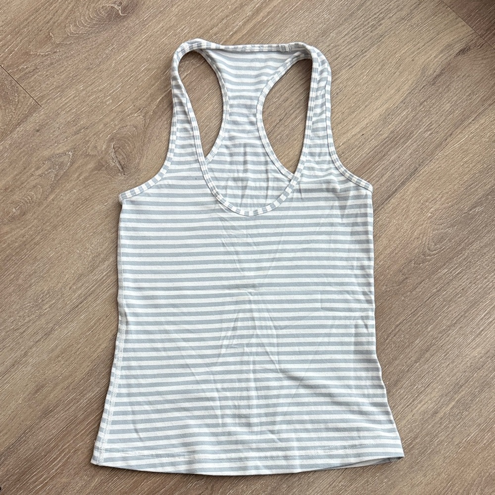 Lululemon Athletica White and Gray Striped Tank Top